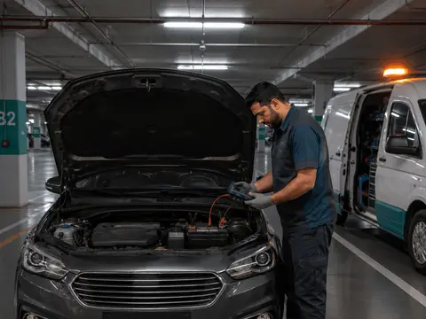 Technician working on a car battery in a basement car park